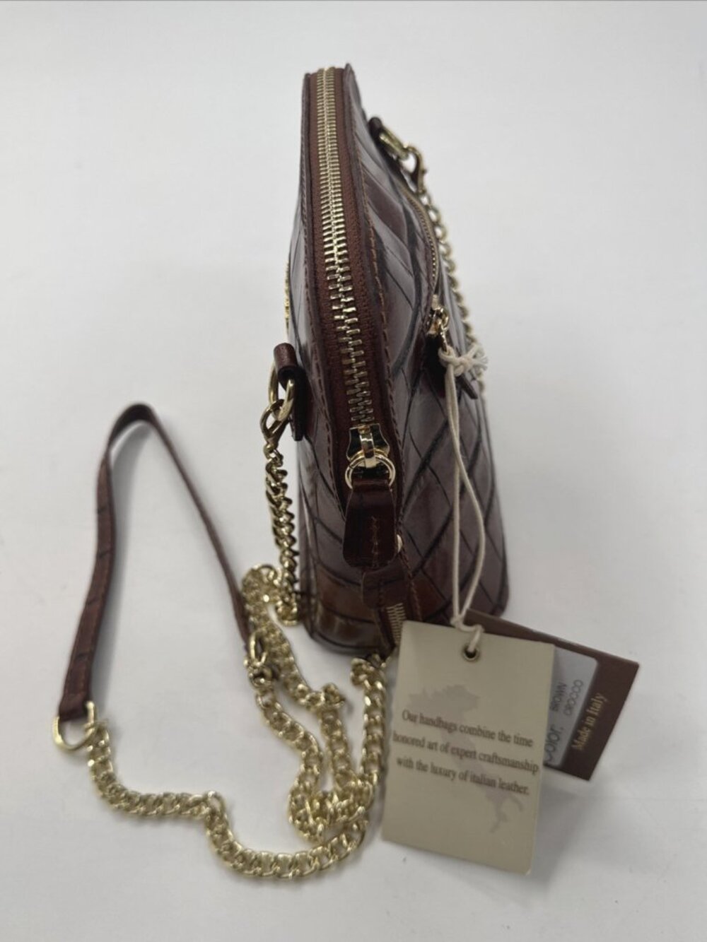 Pratesi Firenze Brown Croc Embossed Italian Leather Crossbody Bag Gold Chain NEW - Picture 13 of 15